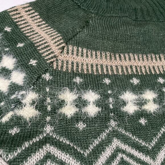 Women's Crop Sweater Fair Isle Nordic Mock Neck Sz Large Green Holiday Cabin Ski - Picture 9 of 10